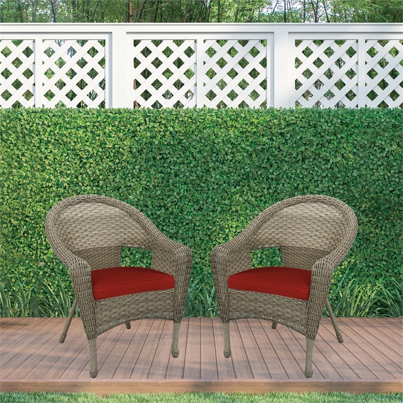 Pemberly Row Wicker Patio Chair in Gray and Brick Red (Set of 2)
