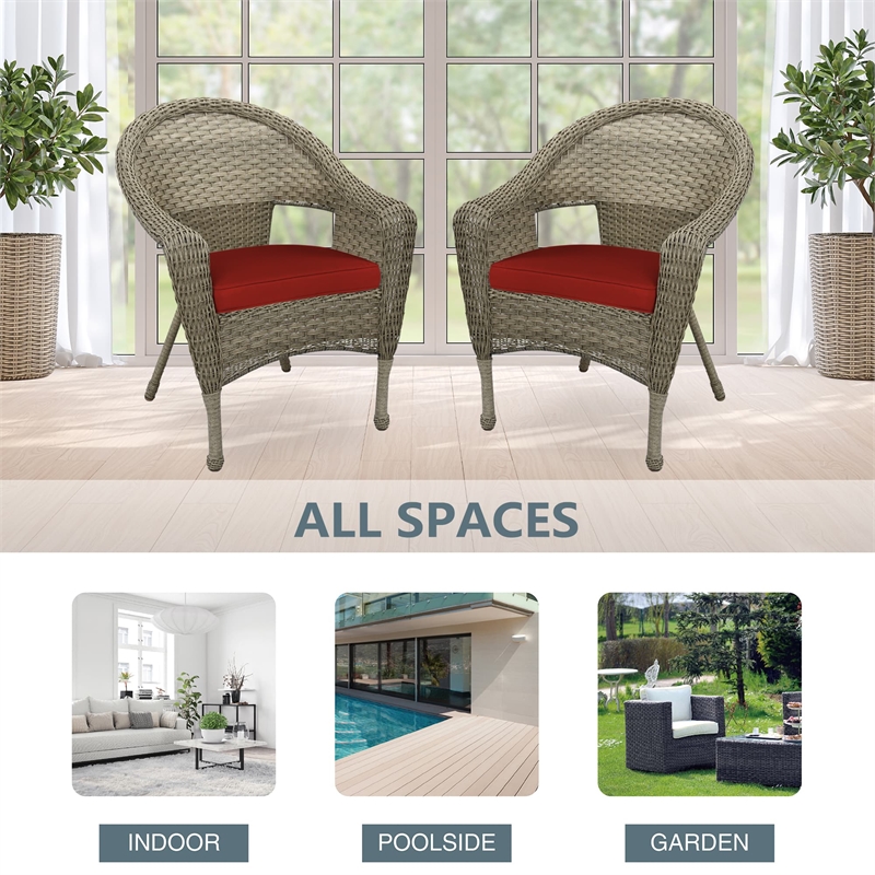 Pemberly Row Wicker Patio Chair in Gray and Brick Red (Set of 2)