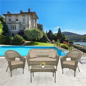 Pemberly Row Contemporary 4 Piece Wicker Patio Sofa Set in Gray and Tan