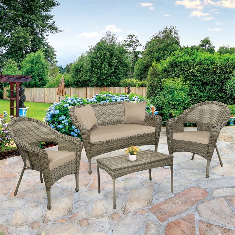 Pemberly Row Contemporary 4 Piece Wicker Patio Sofa Set in Gray and Tan