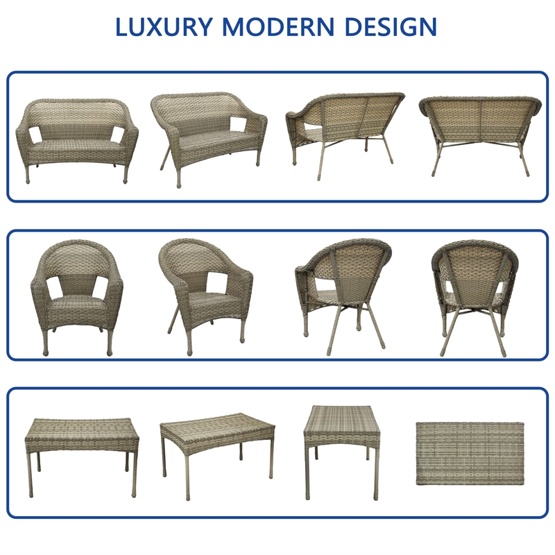 Pemberly Row Contemporary 4 Piece Wicker Patio Sofa Set in Gray and Tan