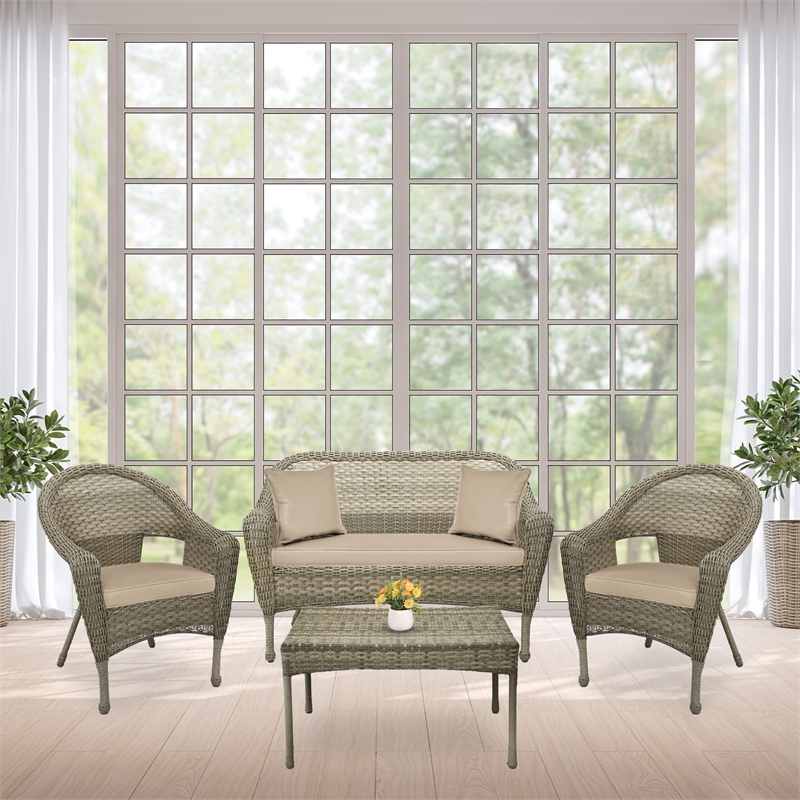 Pemberly Row Contemporary 4 Piece Wicker Patio Sofa Set in Gray and Tan