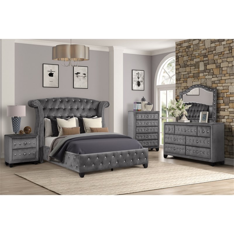 Pemberly Row Crystal Tufted Dresser finished with Velvet Fabric / Wood in Gray