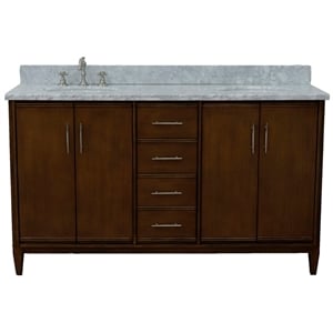 Pemberly Row 61&quot Double Oval Sink Solid Wood Vanity in Walnut/White Carrara
