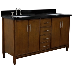 Pemberly Row 61&quot Double Rectangle Sink Vanity in Walnut/Black Granite Stone