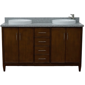 Pemberly Row 61&quot Double Round Sink Vanity with Gray Granite Stone in Walnut