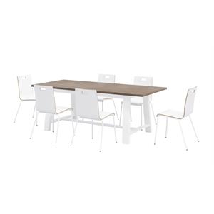 Pemberly Row Modern Teak Cafe Table and 6 Chairs Set in White