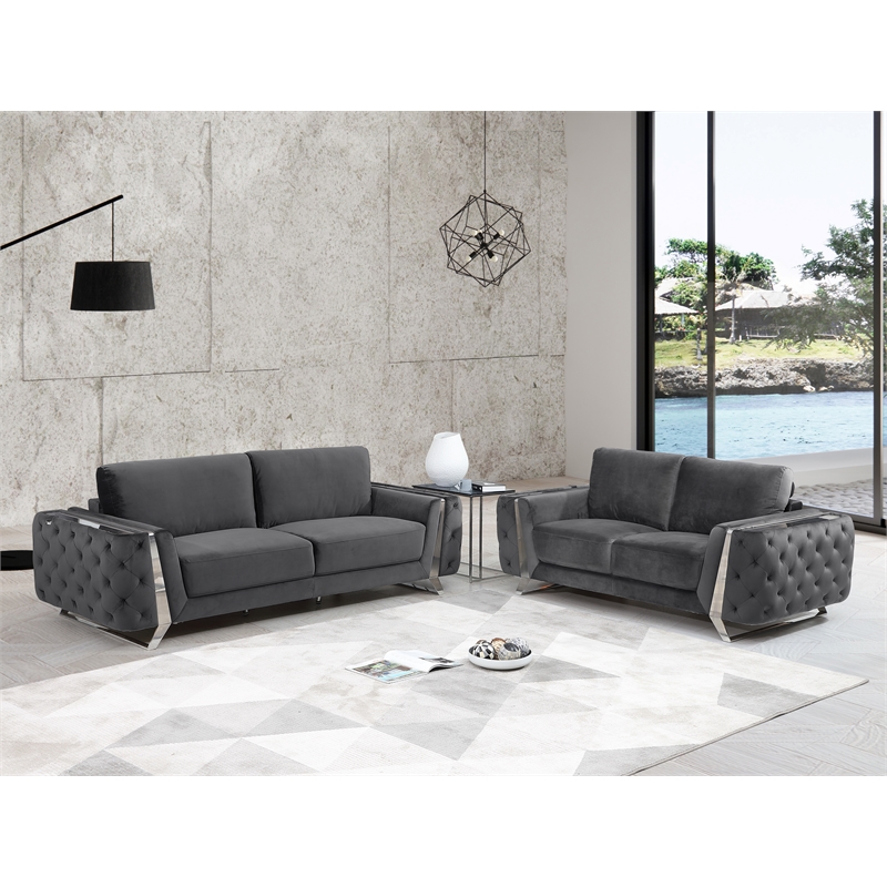 Pemberly Row Modern Transitional Italian Fabric Sofa Set in Gray