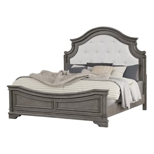 Pemberly Row Traditional Tufted Twill Fabric Headboard Wood Queen Bed in Gray