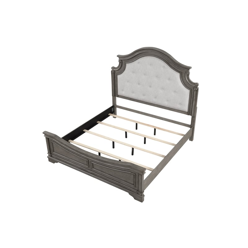 Pemberly Row Traditional Tufted Twill Fabric Headboard Wood Queen Bed in Gray