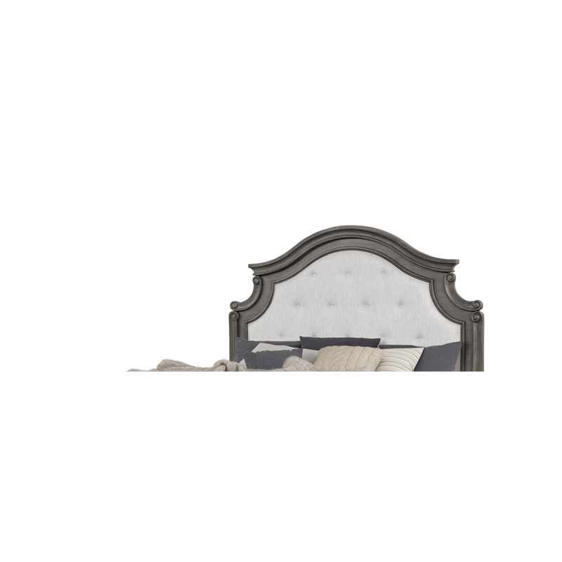 Pemberly Row Traditional Tufted Twill Fabric Headboard Wood Queen Bed in Gray
