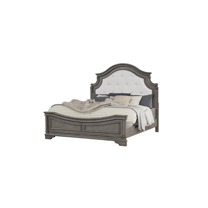 Pemberly Row Traditional Tufted Twill Fabric Headboard Wood Queen Bed in Gray