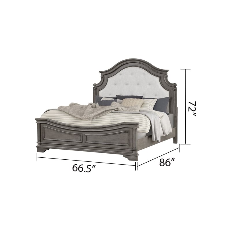Pemberly Row Traditional Tufted Twill Fabric Headboard Wood Queen Bed in Gray
