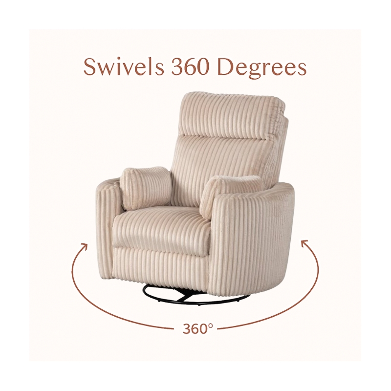Pemberly Row Modern Large Corduroy Fabric Swivel Recliner in Ivory