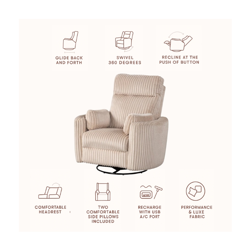 Pemberly Row Modern Large Corduroy Fabric Swivel Recliner in Ivory