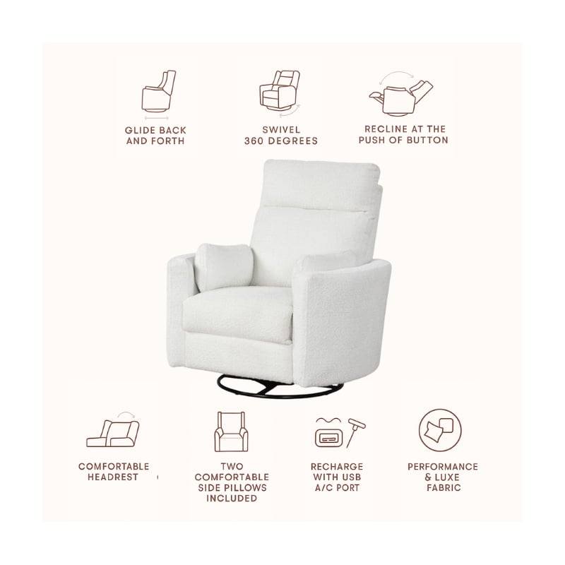 Pemberly Row Modern Chenille Fabric Swivel Recliner in Oyster White