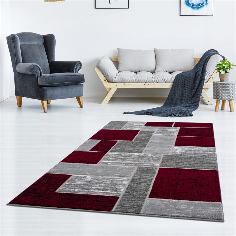 Pemberly Row Mid-Century Red Geometric 8 ft. x 10 ft. Fabric Area Rug