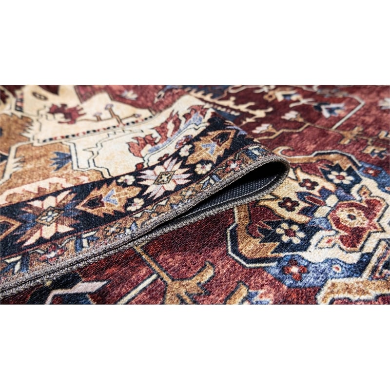 Pemberly Row Red Distressed Washable 5 ft. x 7 ft. Fabric Area Rug