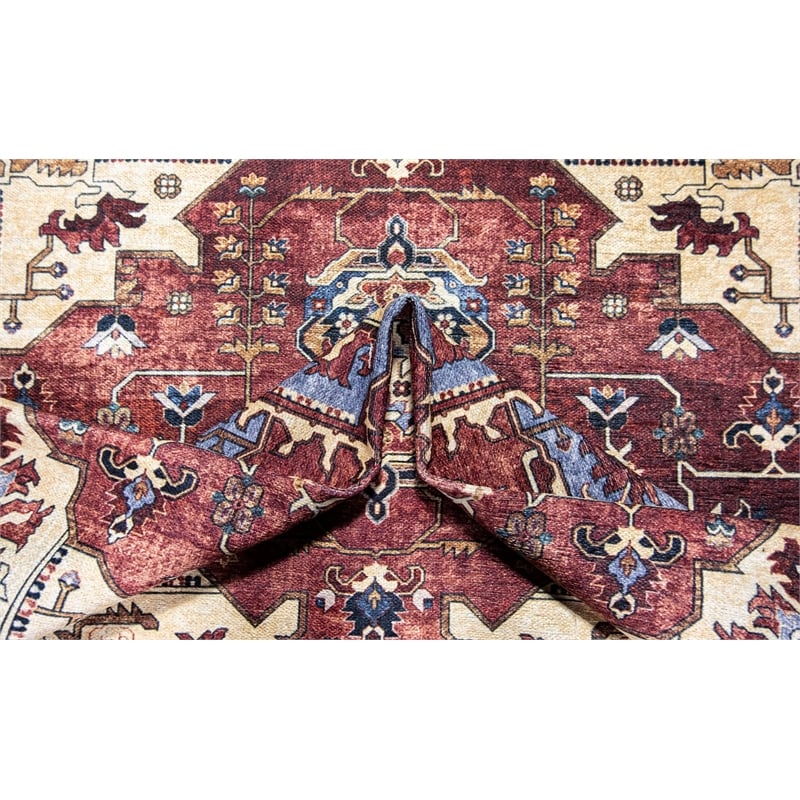 Pemberly Row Red Distressed Washable 5 ft. x 7 ft. Fabric Area Rug