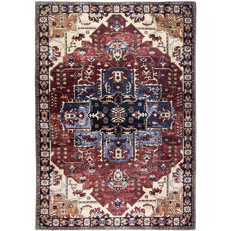 Pemberly Row Red Distressed Washable 5 ft. x 7 ft. Fabric Area Rug