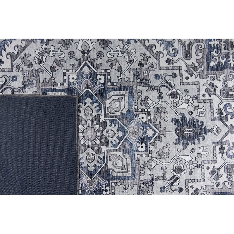 Pemberly Row Blue Traditional Washable 5 ft. x 7 ft. Fabric Area Rug