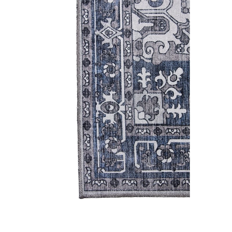 Pemberly Row Blue Traditional Washable 5 ft. x 7 ft. Fabric Area Rug