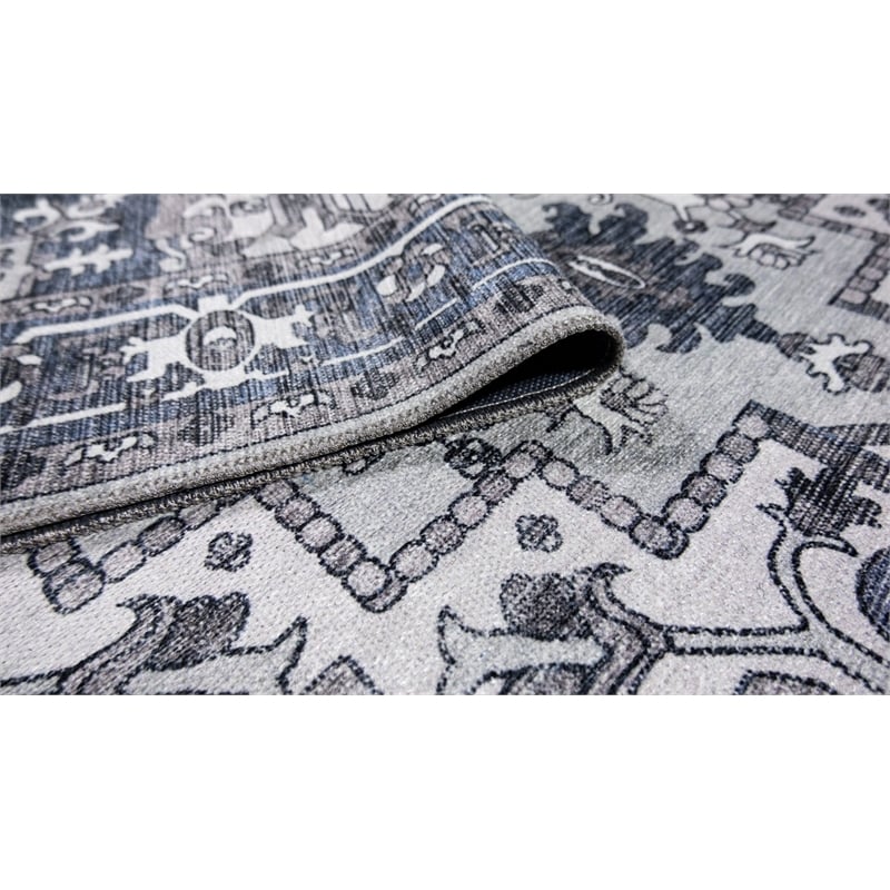 Pemberly Row Blue Traditional Washable 5 ft. x 7 ft. Fabric Area Rug