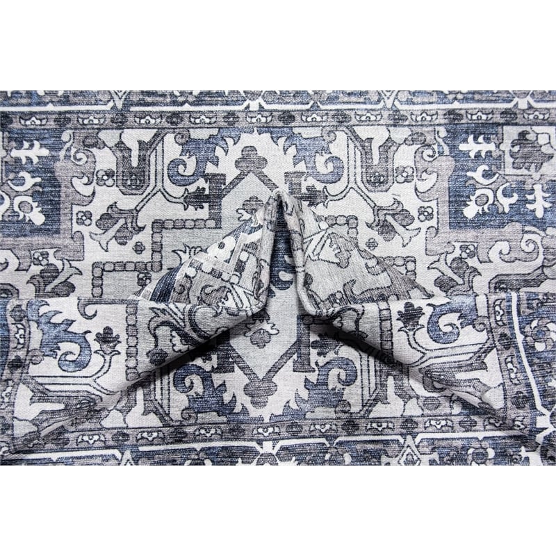 Pemberly Row Blue Traditional Washable 5 ft. x 7 ft. Fabric Area Rug