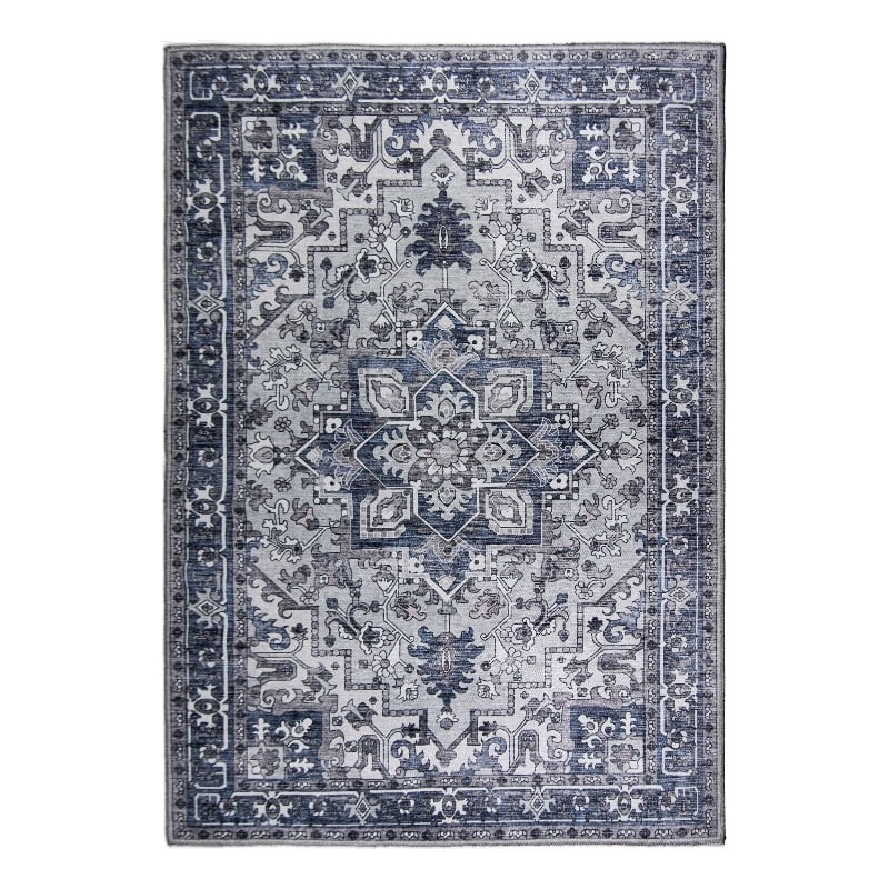 Pemberly Row Blue Traditional Washable 5 ft. x 7 ft. Fabric Area Rug