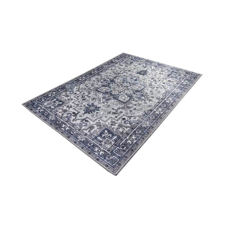 Pemberly Row Blue Traditional Washable 8 ft. x 10 ft. Fabric Area Rug