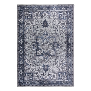 Pemberly Row Blue Traditional Washable 8 ft. x 10 ft. Fabric Area Rug