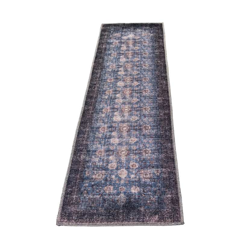 Pemberly Row Blue Distressed Washable 2 ft. x 6 ft. Fabric Runner Rug