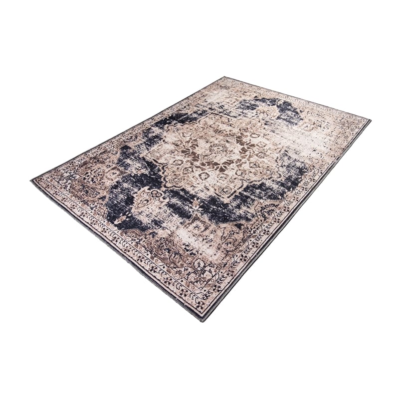 Pemberly Row Beige Distressed Washable 8 ft. x 10 ft. Fabric Area Rug