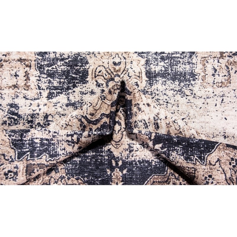 Pemberly Row Beige Distressed Washable 8 ft. x 10 ft. Fabric Area Rug