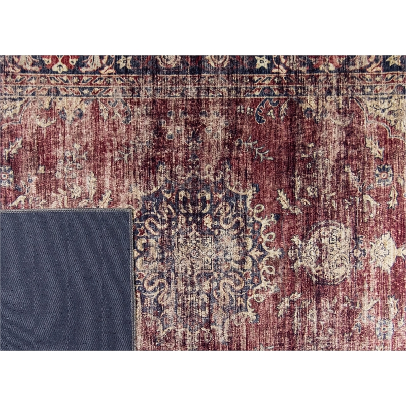 Pemberly Row Red Distressed Washable 5 ft. x 7 ft. Fabric Area Rug