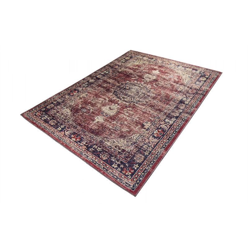 Pemberly Row Red Distressed Washable 5 ft. x 7 ft. Fabric Area Rug