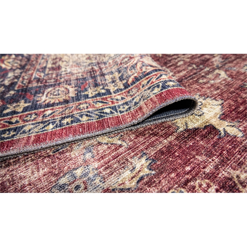 Pemberly Row Red Distressed Washable 5 ft. x 7 ft. Fabric Area Rug