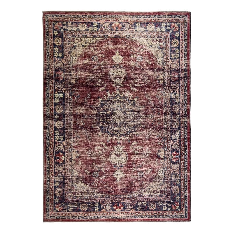 Pemberly Row Red Distressed Washable 5 ft. x 7 ft. Fabric Area Rug