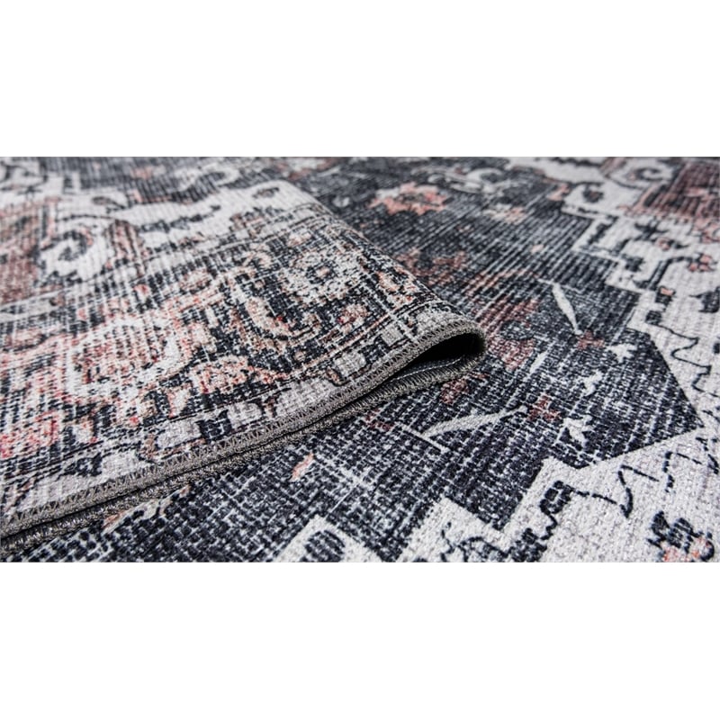 Pemberly Row Gray Distressed Washable 2 ft. x 3 ft. Fabric Scatter Rug