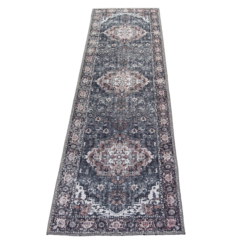 Pemberly Row Gray Distressed Washable 2 ft. x 6 ft. Fabric Runner Rug