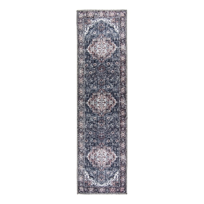 Pemberly Row Gray Distressed Washable 2 ft. x 6 ft. Fabric Runner Rug