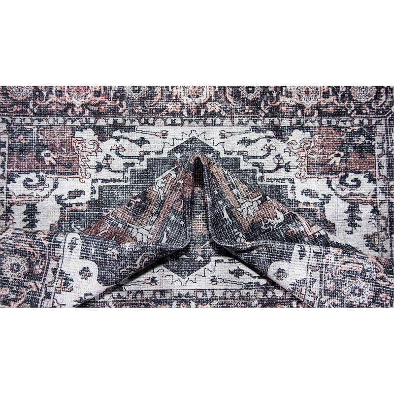 Pemberly Row Gray Distressed Washable 4 ft. x 6 ft. Fabric Area Rug