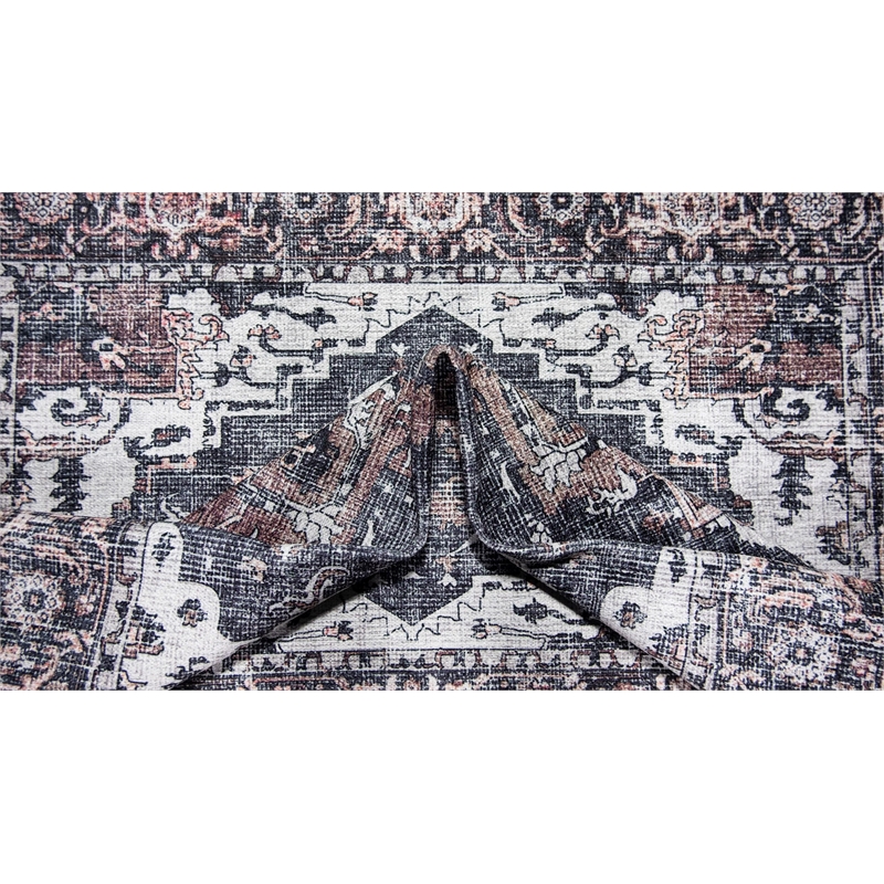 Pemberly Row Gray Distressed Washable 8 ft. x 10 ft. Fabric Area Rug
