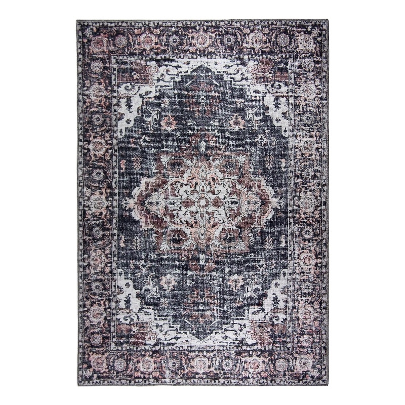 Pemberly Row Gray Distressed Washable 8 ft. x 10 ft. Fabric Area Rug