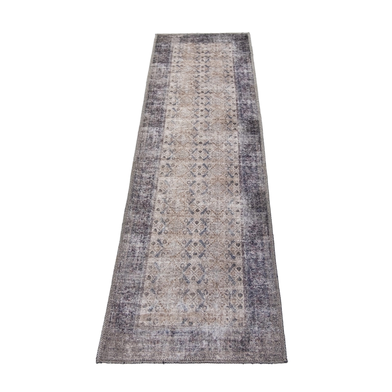 Pemberly Row Gray Distressed Washable 2 ft. x 6 ft. Fabric Runner Rug