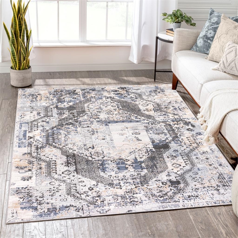 Pemberly Row Traditional Gray Oriental 2 ft. x 6 ft. Fabric Runner Rug