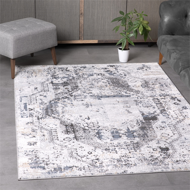 Pemberly Row Traditional Gray Oriental 2 ft. x 6 ft. Fabric Runner Rug