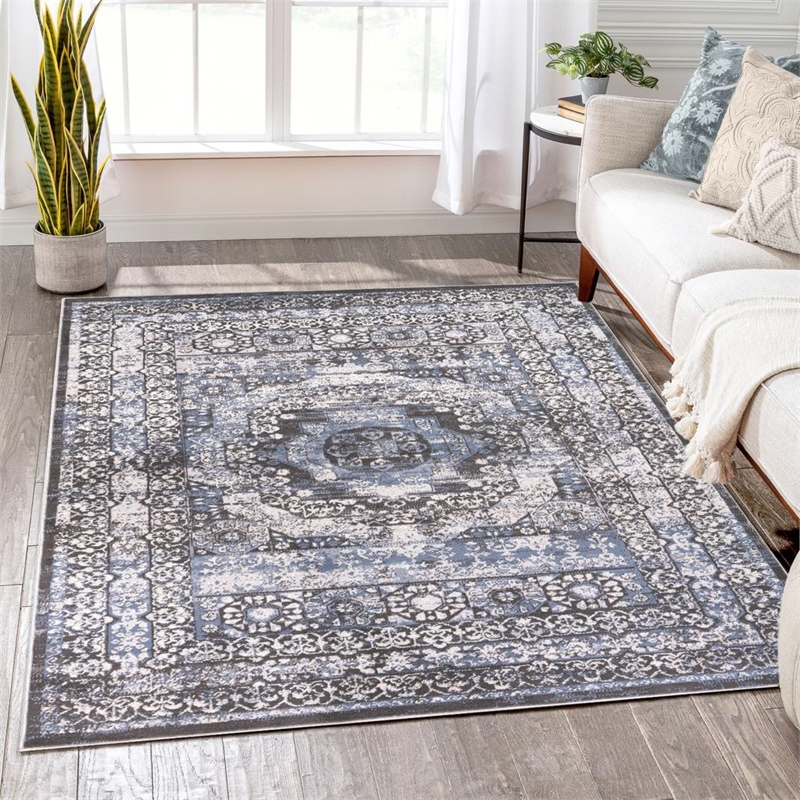 Pemberly Row Traditional Blue Oriental 2 ft. x 6 ft. Fabric Runner Rug