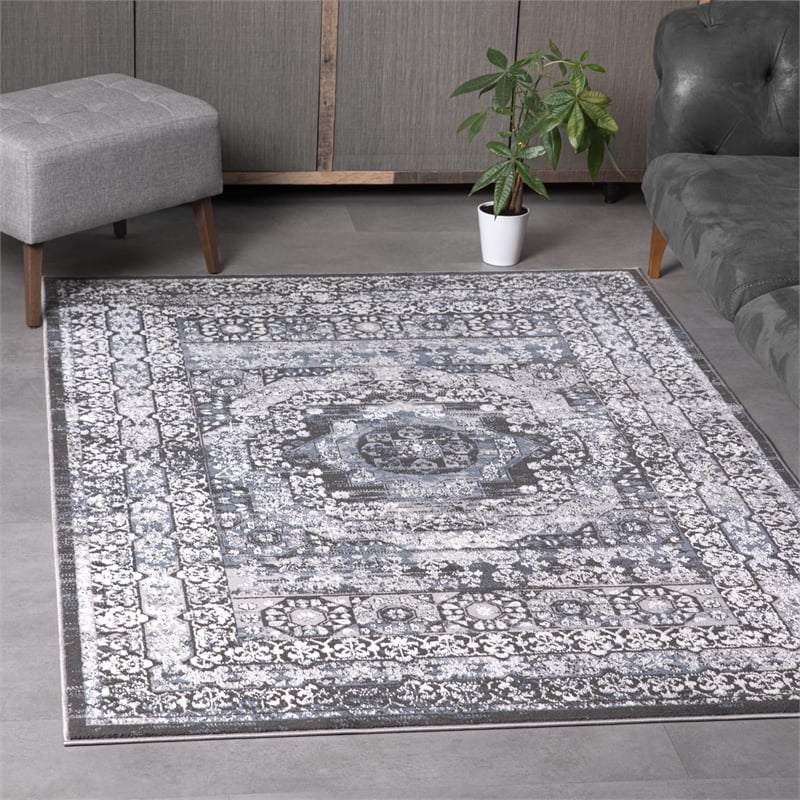 Pemberly Row Traditional Blue Oriental 5 ft. x 7 ft. Fabric Area Rug