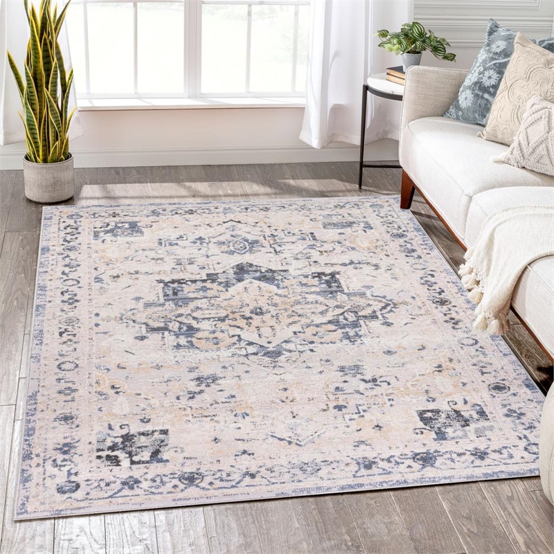Pemberly Row Traditional Gray Oriental 5 ft. x 7 ft. Fabric Area Rug
